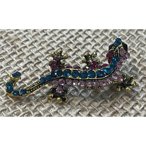 VTG Green Blue Rhinestone Brooch Pin Lizard Salamander A/B Gold Tone Whimsical - Picture 4 of 9